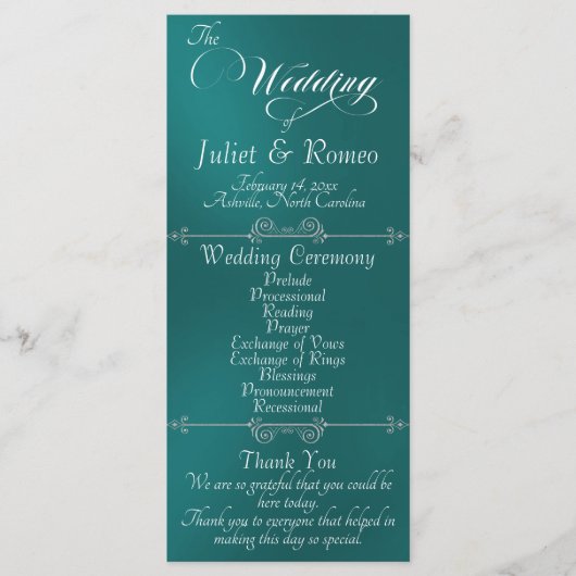 Elegant Schrift & Monogram - Turquoise Huwelijk Programmakaart (Voorkant)