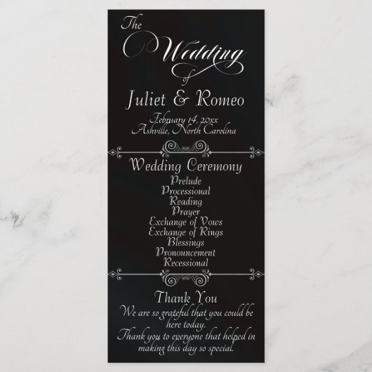 Elegant Schrift & Monogram - Zwarte Huwelijk Programmakaart (Voorkant)