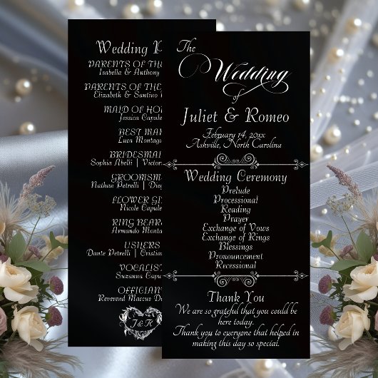 Elegant Schrift & Monogram - Zwarte Huwelijk Programmakaart