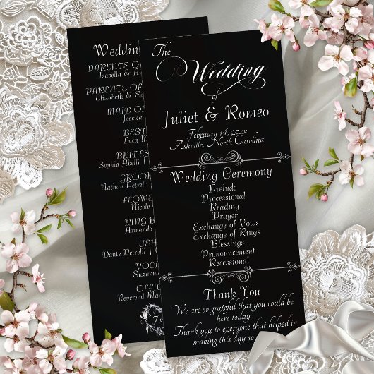 Elegant Schrift & Monogram - Zwarte Huwelijk Programmakaart