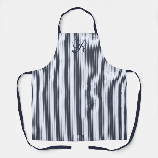 Elegant Schrift Navy Blau Streep Klassiek Monogram Schort (Voorkant)