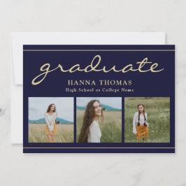 Elegant Schrift Navy Goud Drie Foto Afstuderen Kaart