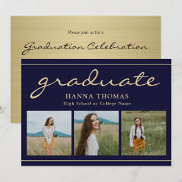 Elegant Schrift Navy Goud Drie Foto Afstuderen Kaart