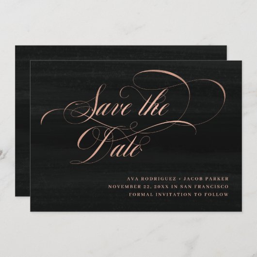 Elegant Schrift | Nep roosgoud en zwart Save The Date (Voorkant / Achterkant)