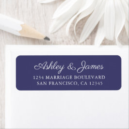 Elegant schrift retouradres trouwkaart Navy blauw Etiket