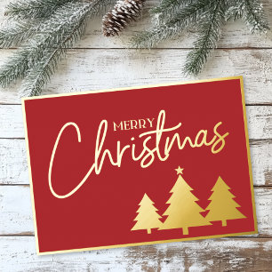 Elegant Schrift Rode Goud Kerstbomen Folie Feestdagenkaart
