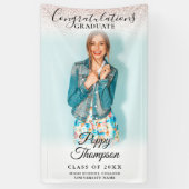 Elegant Schrift Roze Glitter Foto Afstuderen Spandoek (Verticaal)