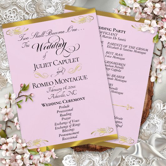 Elegant Schrift - Roze Parel/Gouden Bruiloft Programmakaart