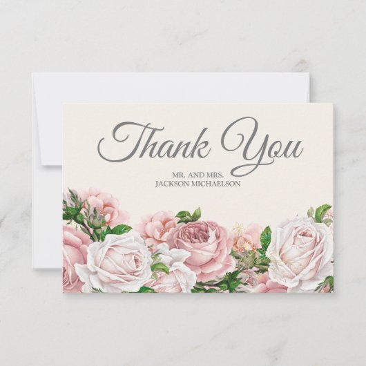 Elegant Schrift Roze Rozen Crème Trouw Dank Je Bedankkaart (Voorkant)