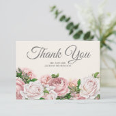 Elegant Schrift Roze Rozen Crème Trouw Dank Je Bedankkaart (Staand voorkant)