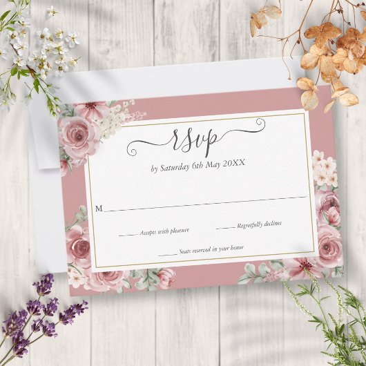 Elegant Schrift Stof Roze Bloemige Trouw RSVP Kaartje