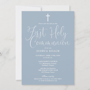 Elegant schrift stofblauw eerste heilige communie save the date