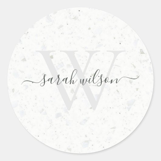 Elegant Schrift Terrazzo Steen Ivoorgeel Grijs Mon Ronde Sticker (Voorkant)