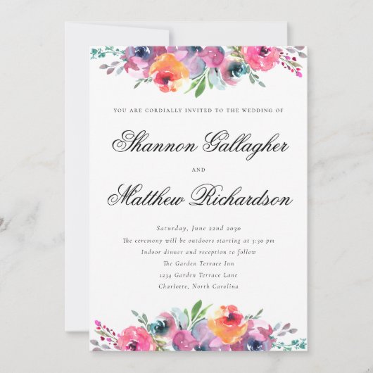 Elegant Schrift Waterverf Bloem Bruiloft Kaart (Voorkant)