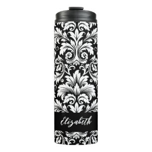 Elegant Schrift Zwart Wit Damast Patroon Thermosbeker