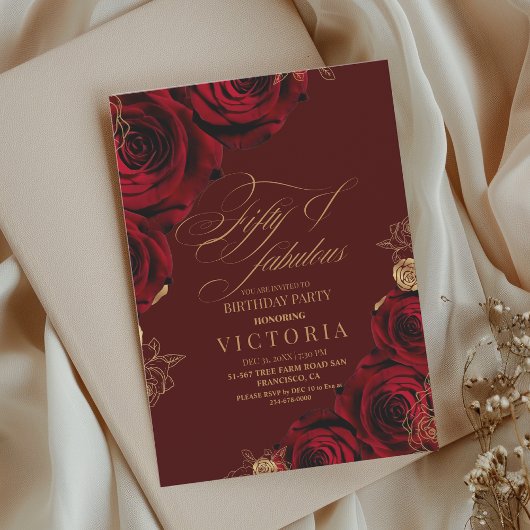 Elegant Schrifttype Burgundy Gouden Roos 50ste Ver Kaart