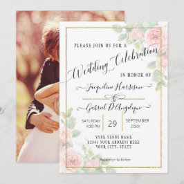 Elegant Schrifttype Goud Aquarel Roze Bloem Bruilo Kaart