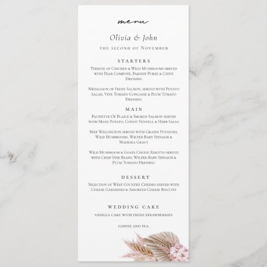 Elegant Schrifttype Pampas Gras Bruiloft Menu (Voorkant)