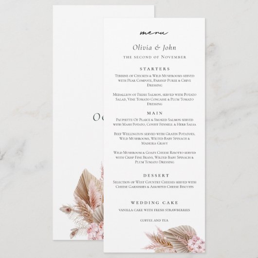 Elegant Schrifttype Pampas Gras Bruiloft Menu (Voorkant / Achterkant)
