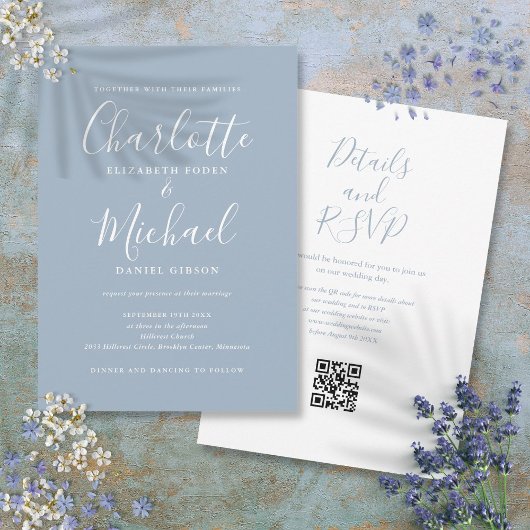 Elegant Schrifttype Stofblauw Moderne QR Code Huwe Kaart
