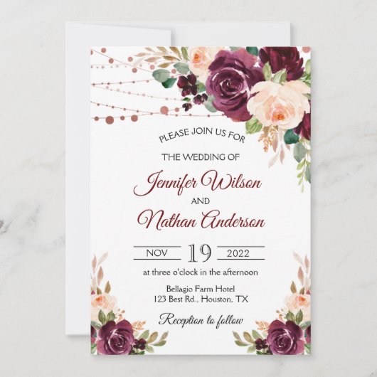 Elegant Schrijfwijze Burgundy Bloem Bruiloft Kaart (Voorkant)