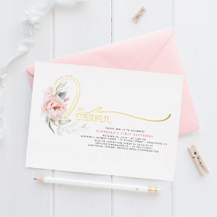 Elegant Schrijfwijze Roze Bloemen 1e Verjaardag Ba Folie Uitnodiging