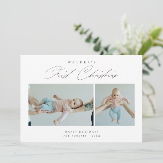 Elegant Scipt Baby's eerste kerst Schattige 2 foto Feestdagenkaart (Staand voorkant)