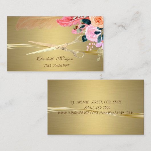 Elegant Scissors, Flowers Feather Faux Gold Visitekaartje (Voorkant / Achterkant)