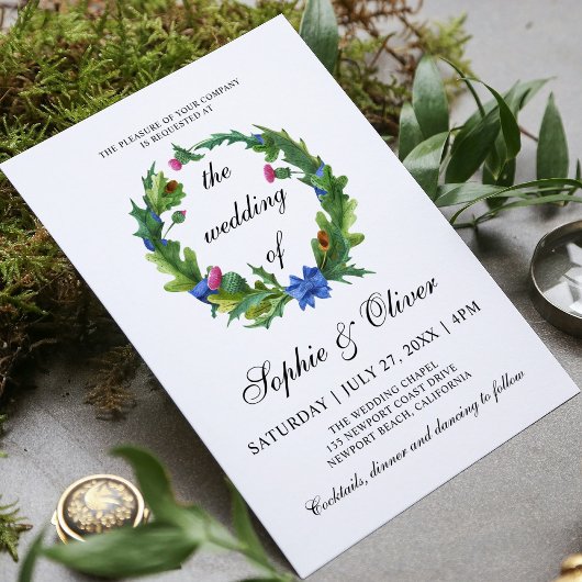 Elegant Scottish Thistle Floral Wedding Kaart