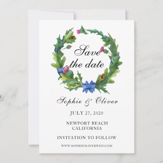 Elegant Scottish Thistle Floral Wreath Save The Date (Voorkant)