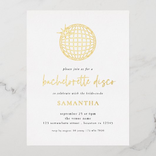 Elegant Scriot Disco Ball Bachelorette Party Real Folie Uitnodiging Briefkaart (Voorkant)