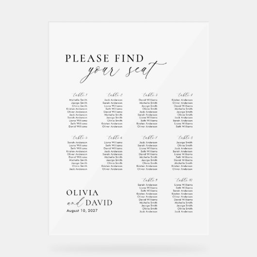 Elegant Script 10 tafel Zitting Grafiek Acryl Teke Bord (Voorkant)