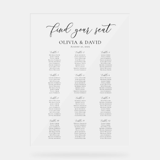 Elegant Script 12 tafel Zitting Grafiek Acryl Teke Acryl Bord (Voorkant)