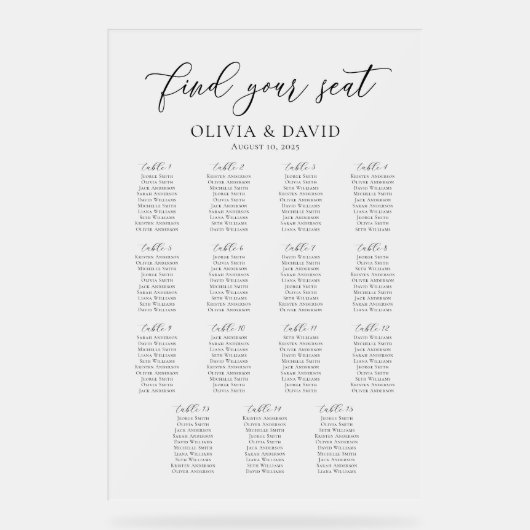 Elegant Script 15 tafel Zitting Grafiek Acryl Teke Acryl Bord (Voorkant)