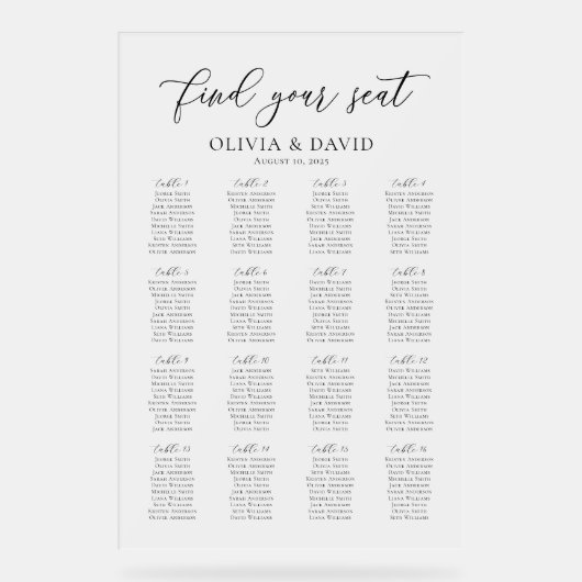 Elegant Script 16 tafel Zitting Grafiek Acryl Teke Acryl Bord (Voorkant)