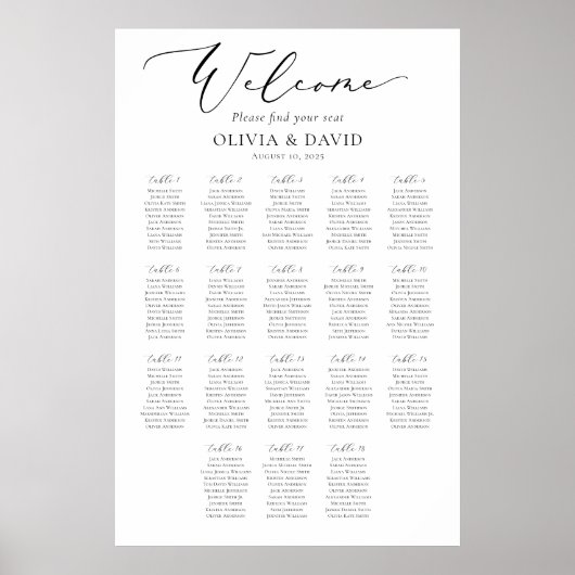 Elegant Script 18 Tables Welcome Seating Chart Poster (Voorkant)