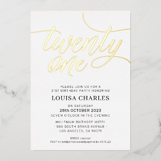 ELEGANT SCRIPT 21ste verjaardag feestje stijlvol g Folie Uitnodiging (Voorkant)