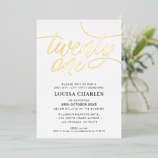 ELEGANT SCRIPT 21ste verjaardag feestje stijlvol g Folie Uitnodiging (Staand Voorkant)
