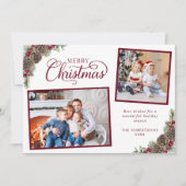 Elegant Script 2 foto dennen kegels vrolijk kerstf Feestdagenkaart (Voorkant)