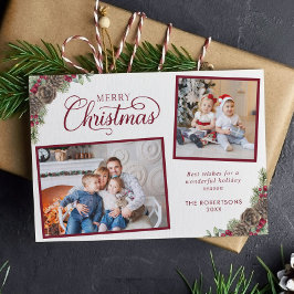 Elegant Script 2 foto dennen kegels vrolijk kerstf Feestdagenkaart