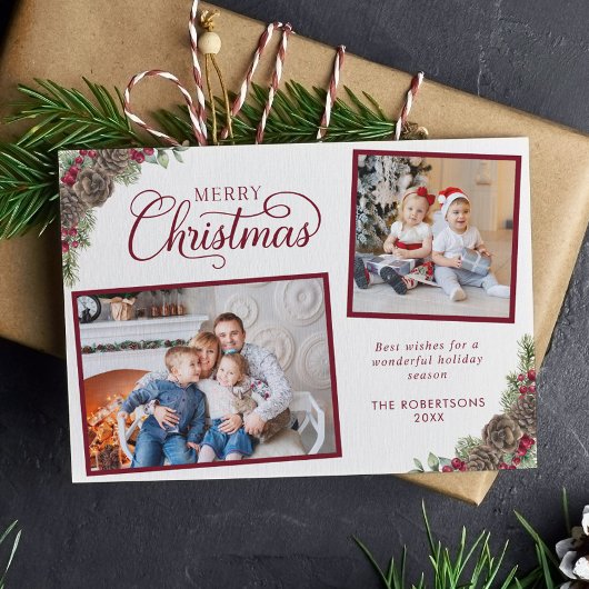 Elegant Script 2 foto dennen kegels vrolijk kerstf Feestdagenkaart