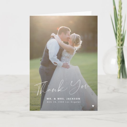 Elegant script 2 foto gevouwen bruiloft bedankkaart (Voorkant)