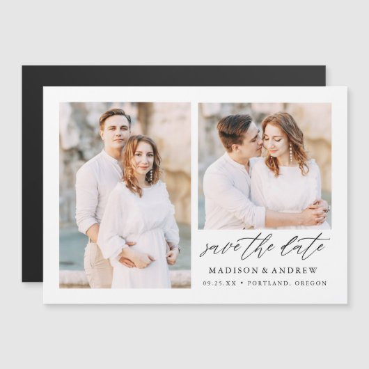 Elegant Script 2 Foto Save the Date Magnetische Uitnodiging (Voorkant / Achterkant)