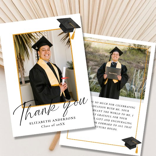 Elegant Script 2 Photo Graduation Thank you Card Bedankkaart