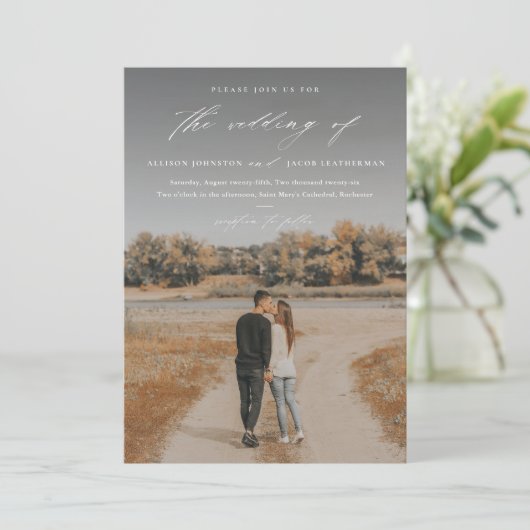 Elegant Script 2 Photo Overlay Wedding Kaart (Staand voorkant)