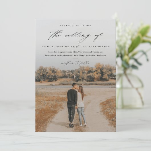 Elegant Script 2 Photo Overlay Wedding Kaart (Staand voorkant)