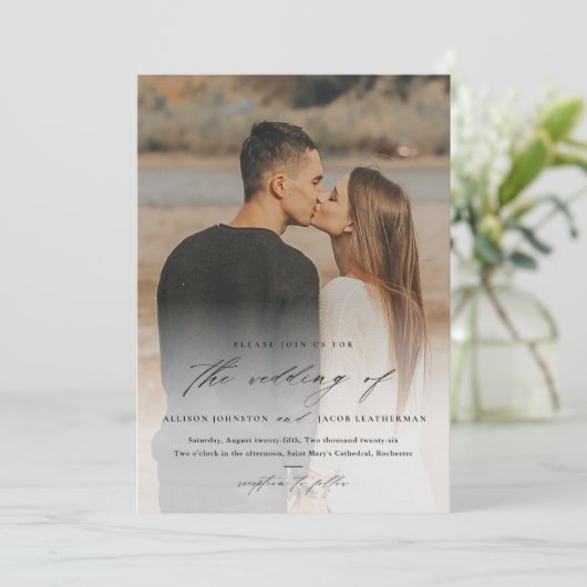 Elegant Script 2 Photo Overlay Wedding Kaart (Staand voorkant)