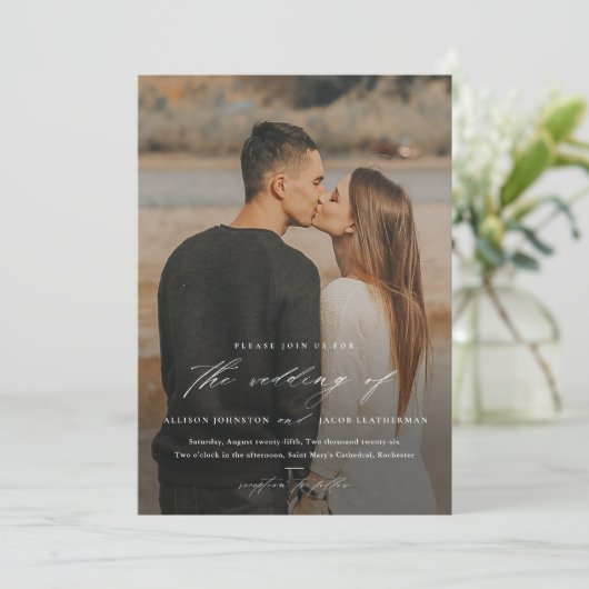 Elegant Script 2 Photo Overlay Wedding Kaart (Staand voorkant)