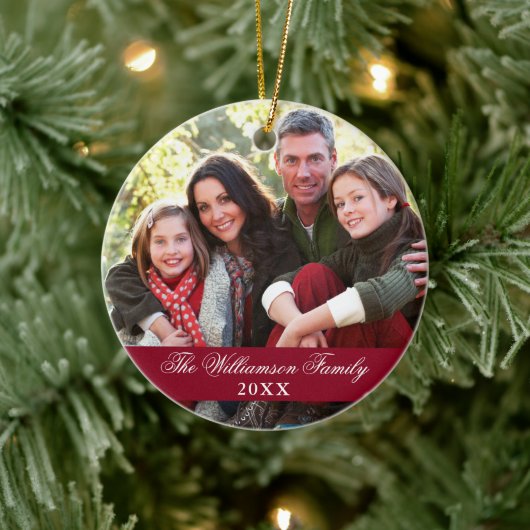 Elegant Script 2 Sided Photo Kerstmis Burgundy Keramisch Ornament (Boom)