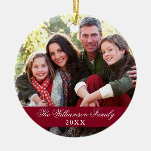 Elegant Script 2 Sided Photo Kerstmis Burgundy Keramisch Ornament (Voorkant)